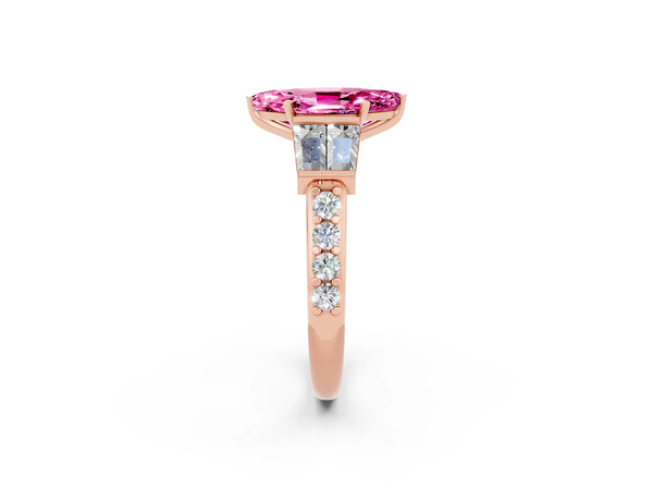 Rose gold Marquise Cut Pink Sapphire Engagement Ring with Baguette Side Stones and Channel Set Band