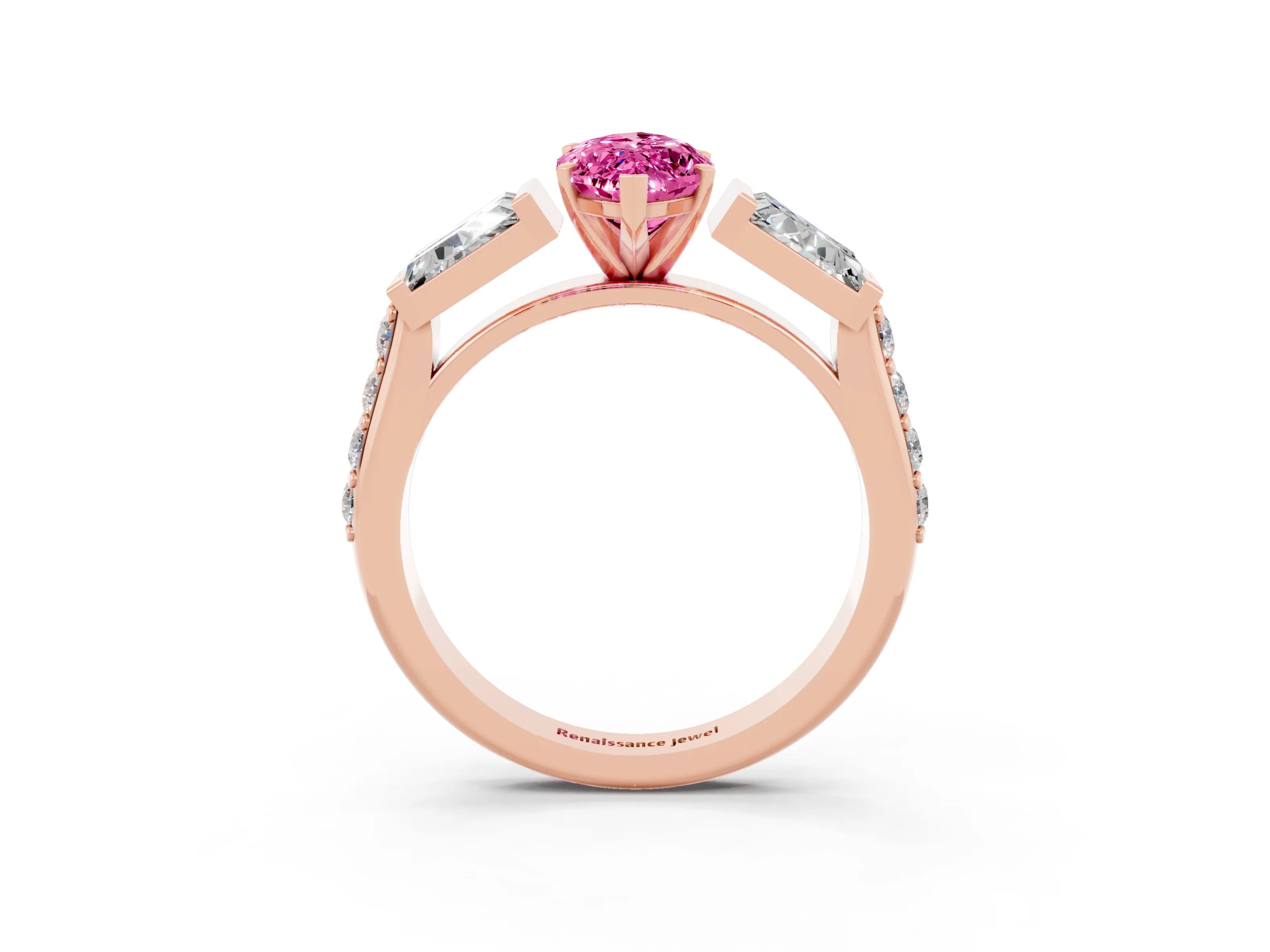Rose gold Marquise Cut Pink Sapphire Engagement Ring with Baguette Side Stones and Channel Set Band_3