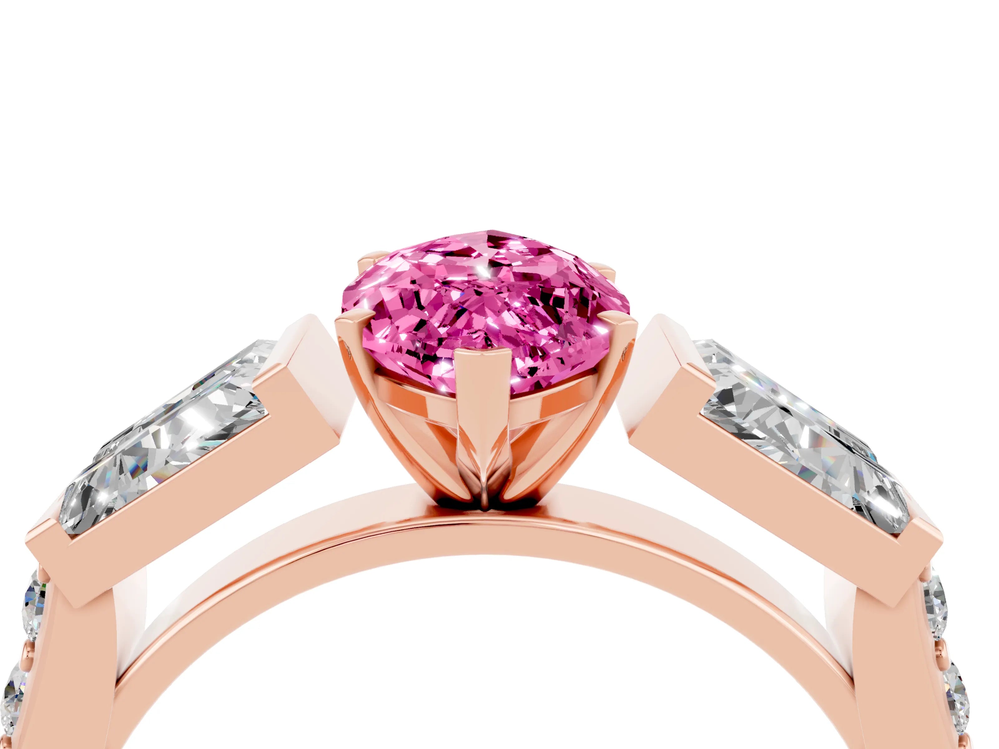 Rose gold Marquise Cut Pink Sapphire Engagement Ring with Baguette Side Stones and Channel Set Band_4
