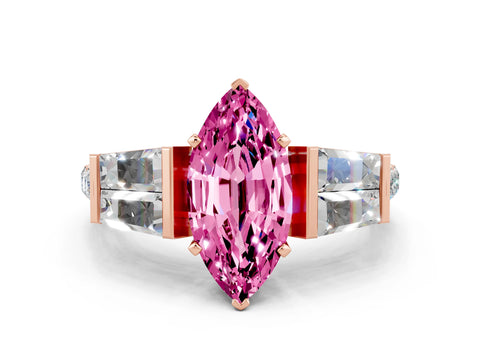 Rose gold Marquise Cut Pink Sapphire Engagement Ring with Baguette Side Stones and Channel Set Band
