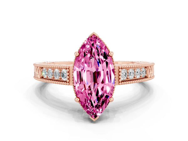 Rose gold Marquise Cut Pink Sapphire Engagement Ring with Milgrain Channel Set Band and Prong Setting