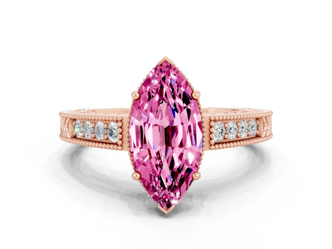 Rose gold Marquise Cut Pink Sapphire Engagement Ring with Milgrain Channel Set Band and Prong Setting_24