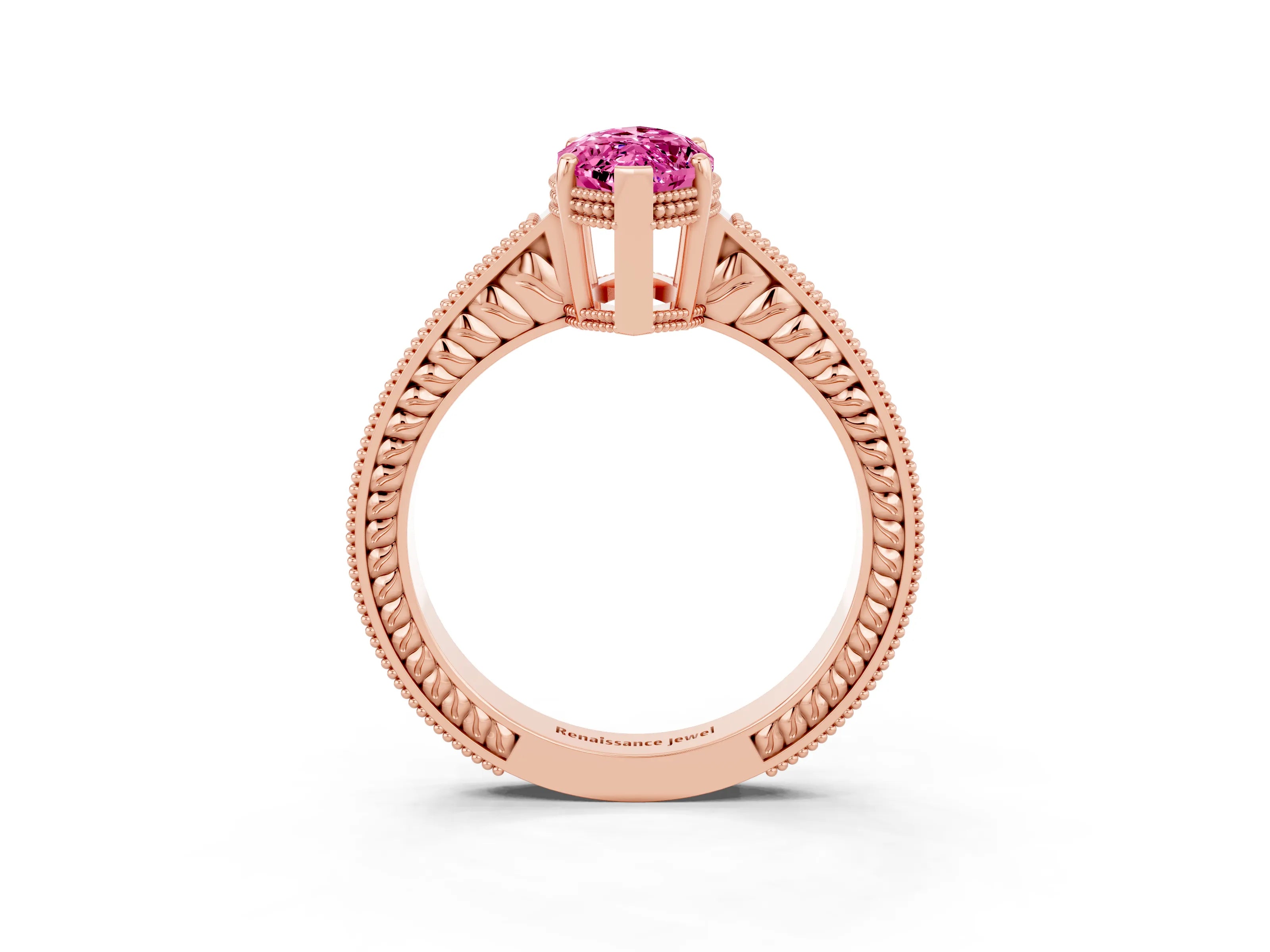 Rose gold Marquise Cut Pink Sapphire Engagement Ring with Milgrain Channel Set Band and Prong Setting_27