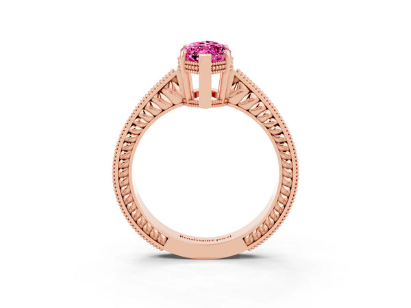 Rose gold Marquise Cut Pink Sapphire Engagement Ring with Milgrain Channel Set Band and Prong Setting