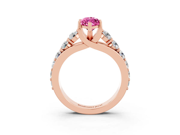 Rose gold Marquise Cut Pink Sapphire Engagement Ring with Pavé Band and Four-Prong Setting