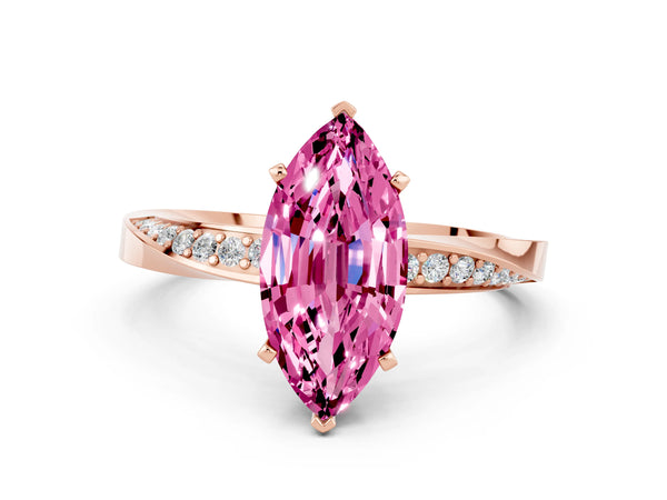 Rose gold Marquise Cut Pink Sapphire Engagement Ring with Side Stone Accents and Four-Prong Setting
