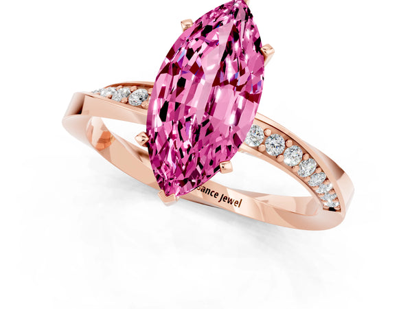 Rose gold Marquise Cut Pink Sapphire Engagement Ring with Side Stone Accents and Four-Prong Setting