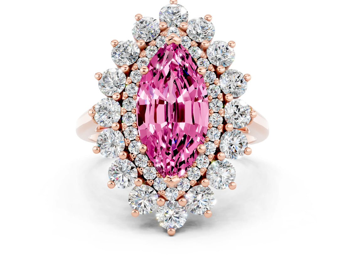 Rose gold Marquise Cut Pink Sapphire Floral Double Halo Engagement Ring with Prong Setting_48