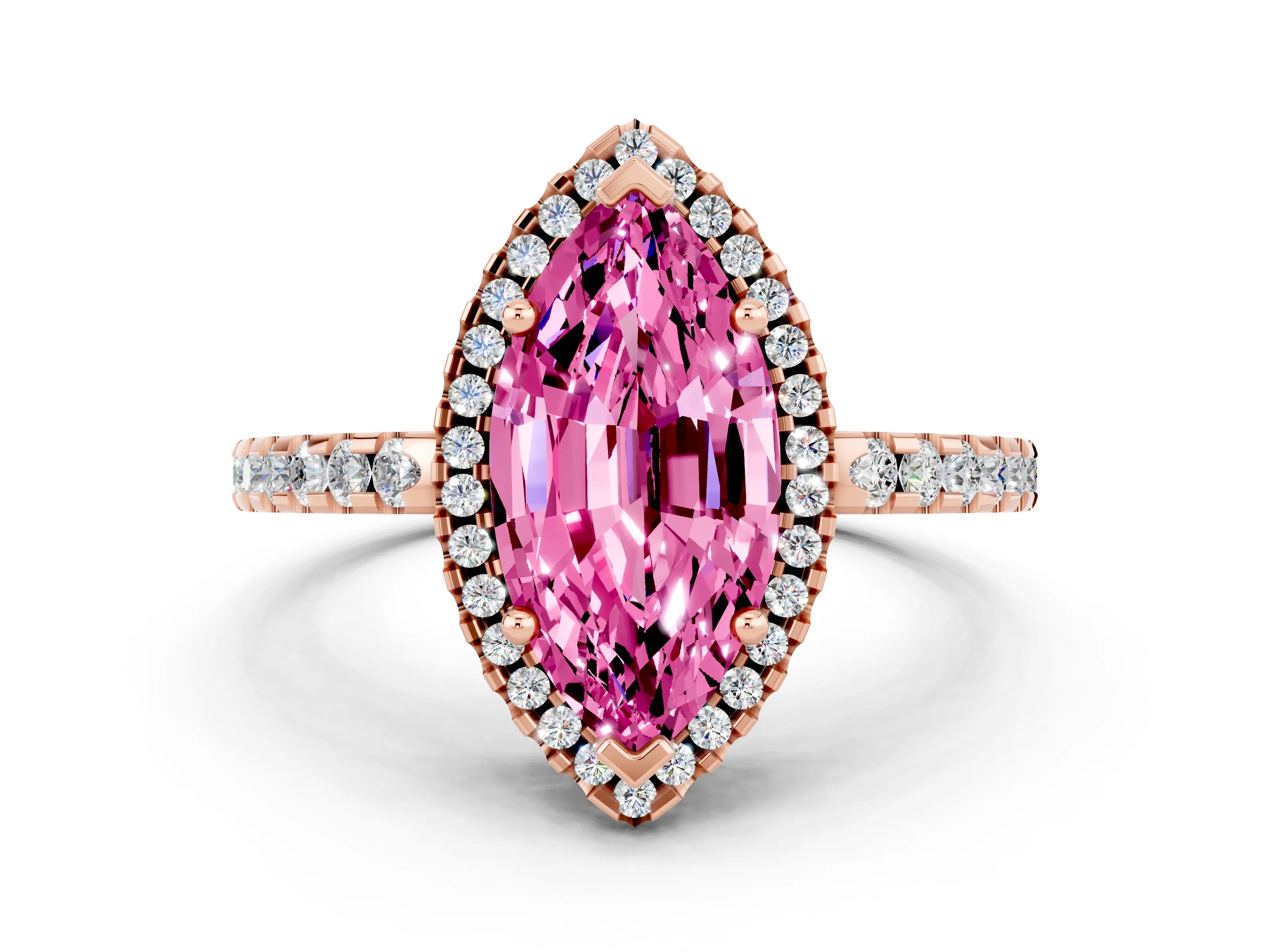 Rose gold Marquise Cut Pink Sapphire Halo Engagement Ring with Pavé Band and Prong Setting_12