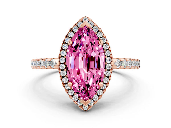 Rose gold Marquise Cut Pink Sapphire Halo Engagement Ring with Pavé Band and Prong Setting
