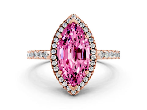 Rose gold Marquise Cut Pink Sapphire Halo Engagement Ring with Pavé Band and Prong Setting_12