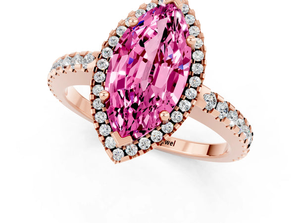 Rose gold Marquise Cut Pink Sapphire Halo Engagement Ring with Pavé Band and Prong Setting