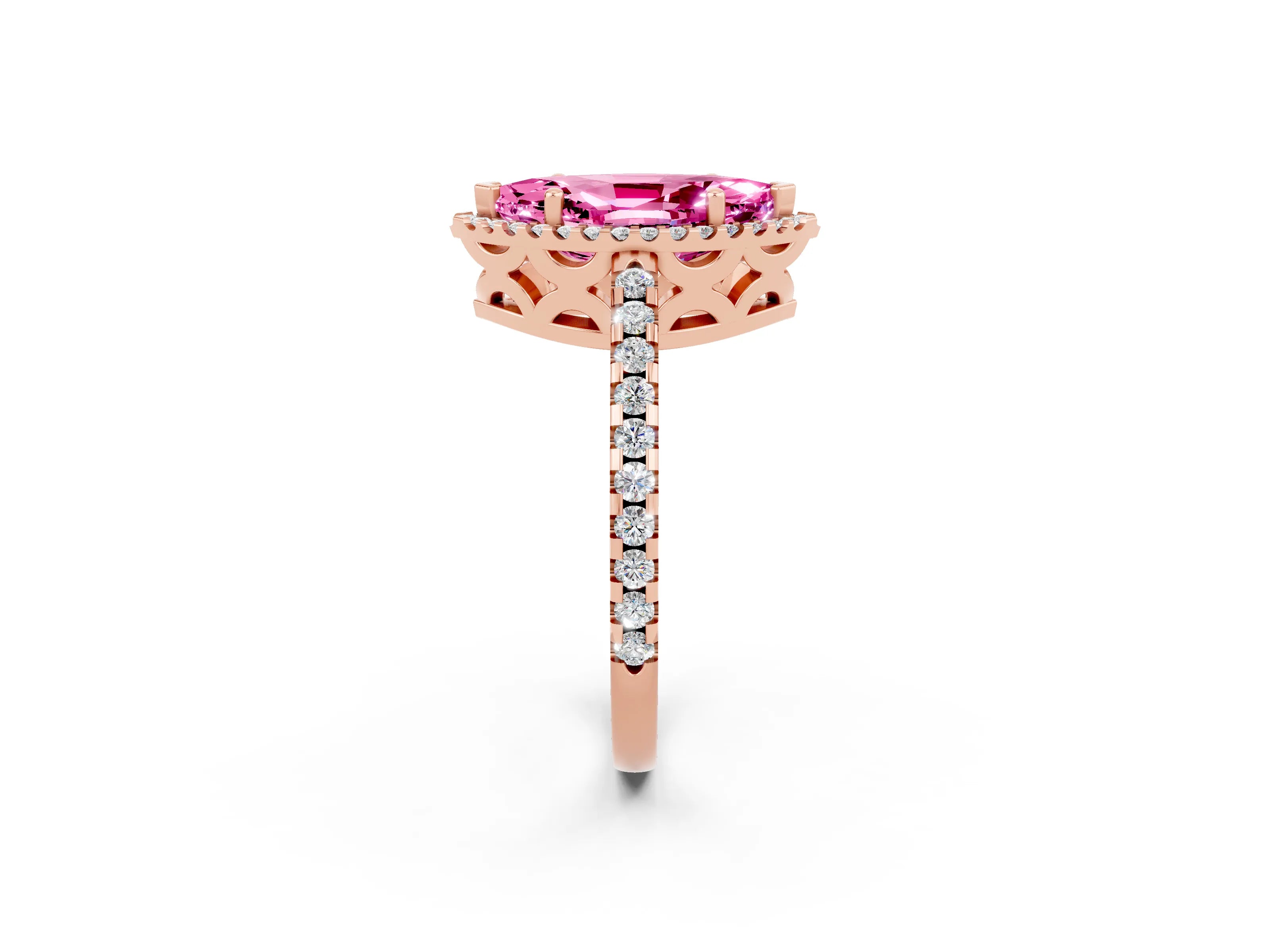 Rose gold Marquise Cut Pink Sapphire Halo Engagement Ring with Pavé Band and Prong Setting_14