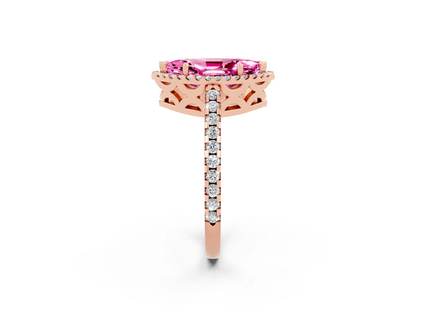 Rose gold Marquise Cut Pink Sapphire Halo Engagement Ring with Pavé Band and Prong Setting