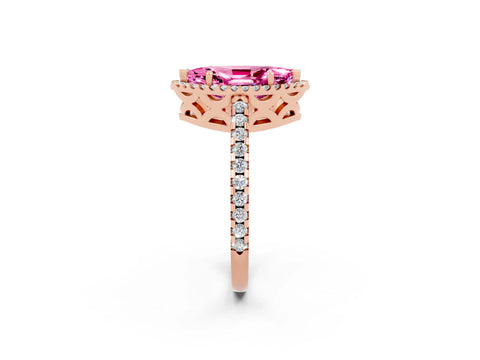 Rose gold Marquise Cut Pink Sapphire Halo Engagement Ring with Pavé Band and Prong Setting_14