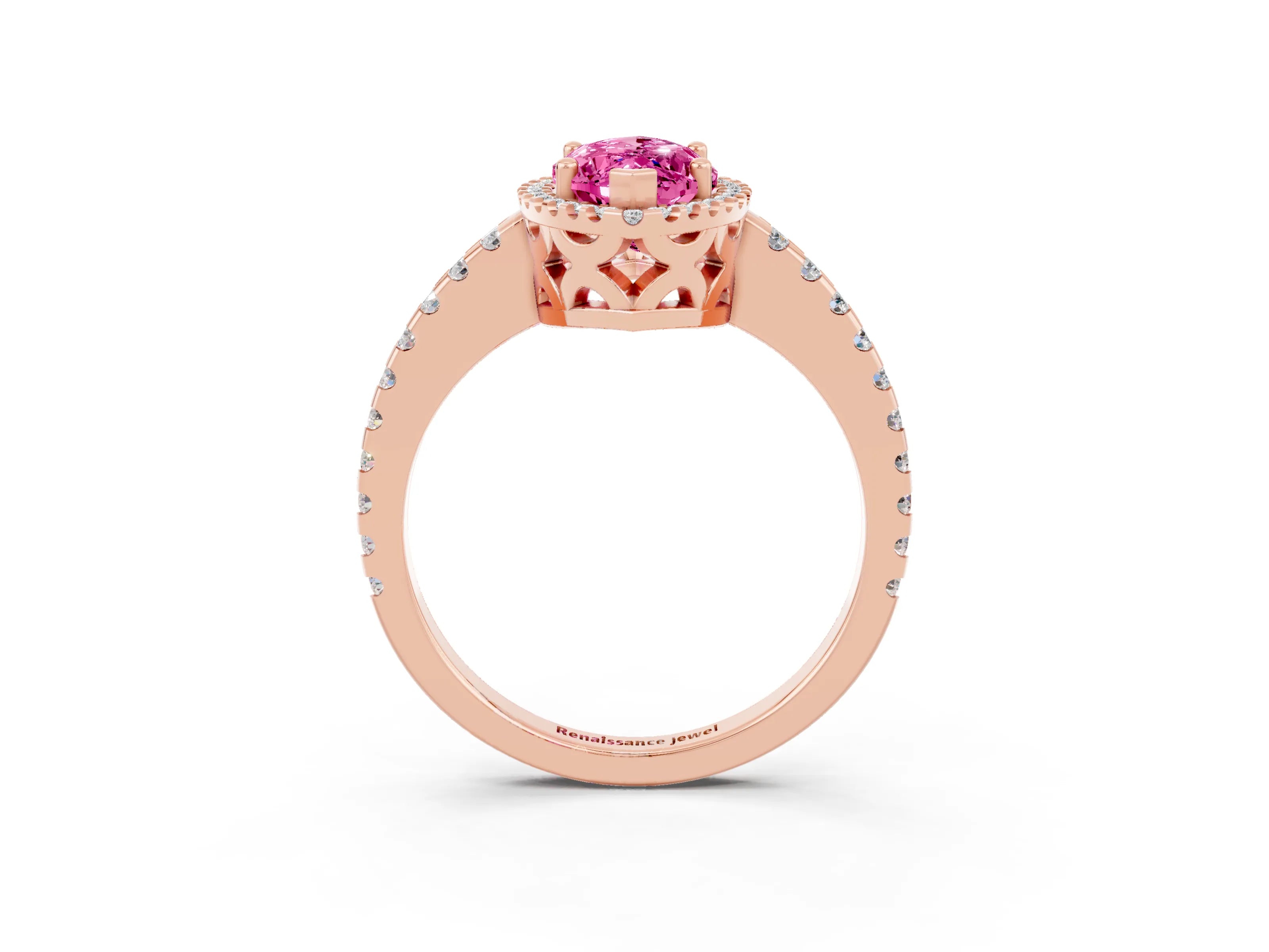 Rose gold Marquise Cut Pink Sapphire Halo Engagement Ring with Pavé Band and Prong Setting_15