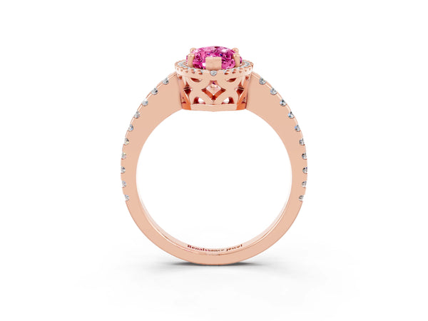 Rose gold Marquise Cut Pink Sapphire Halo Engagement Ring with Pavé Band and Prong Setting