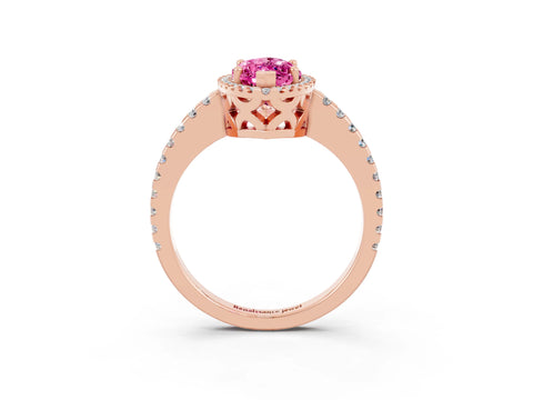 Rose gold Marquise Cut Pink Sapphire Halo Engagement Ring with Pavé Band and Prong Setting_15