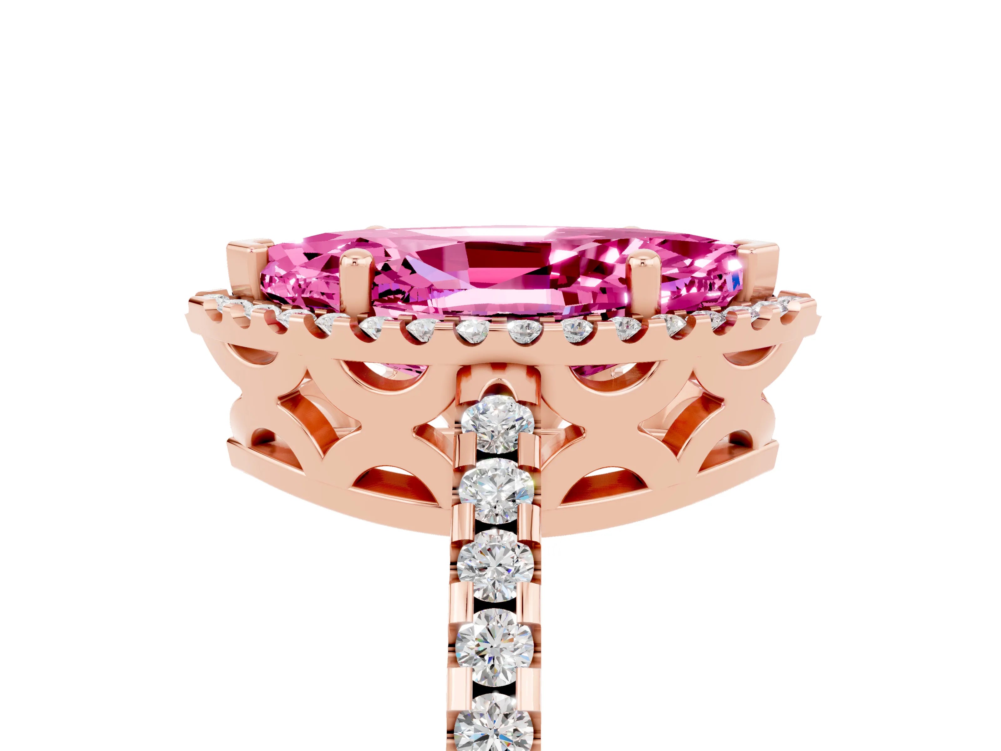 Rose gold Marquise Cut Pink Sapphire Halo Engagement Ring with Pavé Band and Prong Setting_17