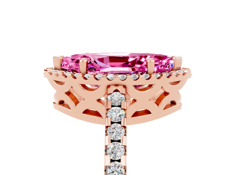 Rose gold Marquise Cut Pink Sapphire Halo Engagement Ring with Pavé Band and Prong Setting_17