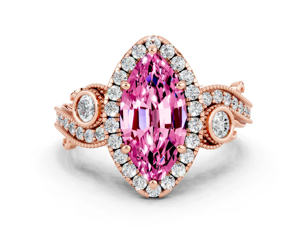 Rose gold Marquise Cut Pink Sapphire Halo Ring with Milgrain Pavé Band and Four-Prong Setting