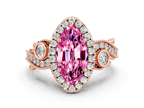 Rose gold Marquise Cut Pink Sapphire Halo Ring with Milgrain Pavé Band and Four-Prong Setting_12
