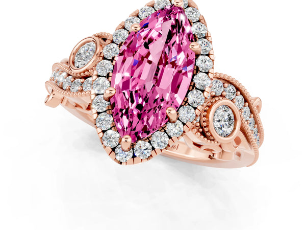Rose gold Marquise Cut Pink Sapphire Halo Ring with Milgrain Pavé Band and Four-Prong Setting