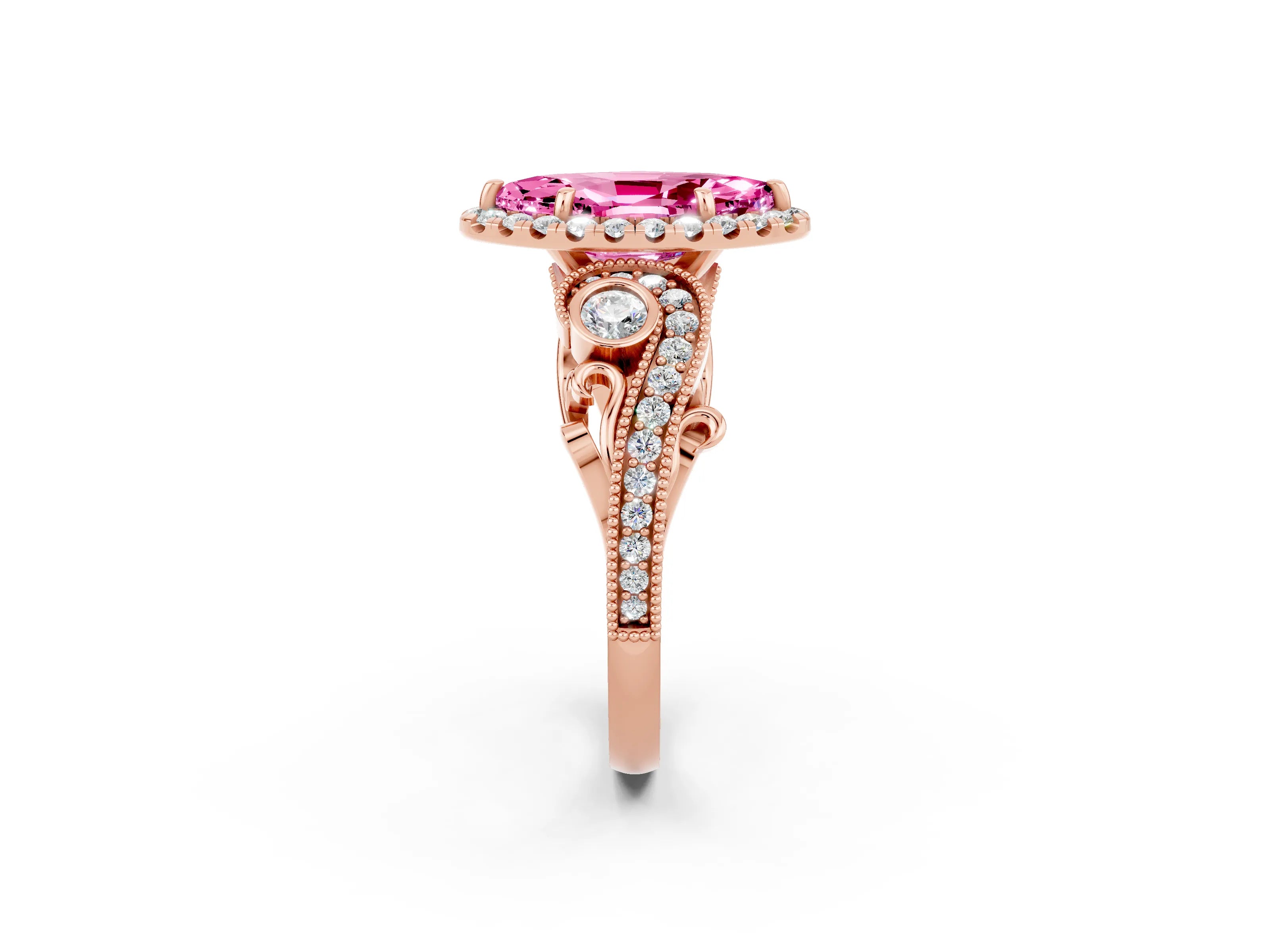 Rose gold Marquise Cut Pink Sapphire Halo Ring with Milgrain Pavé Band and Four-Prong Setting_14
