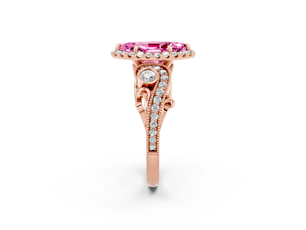 Rose gold Marquise Cut Pink Sapphire Halo Ring with Milgrain Pavé Band and Four-Prong Setting