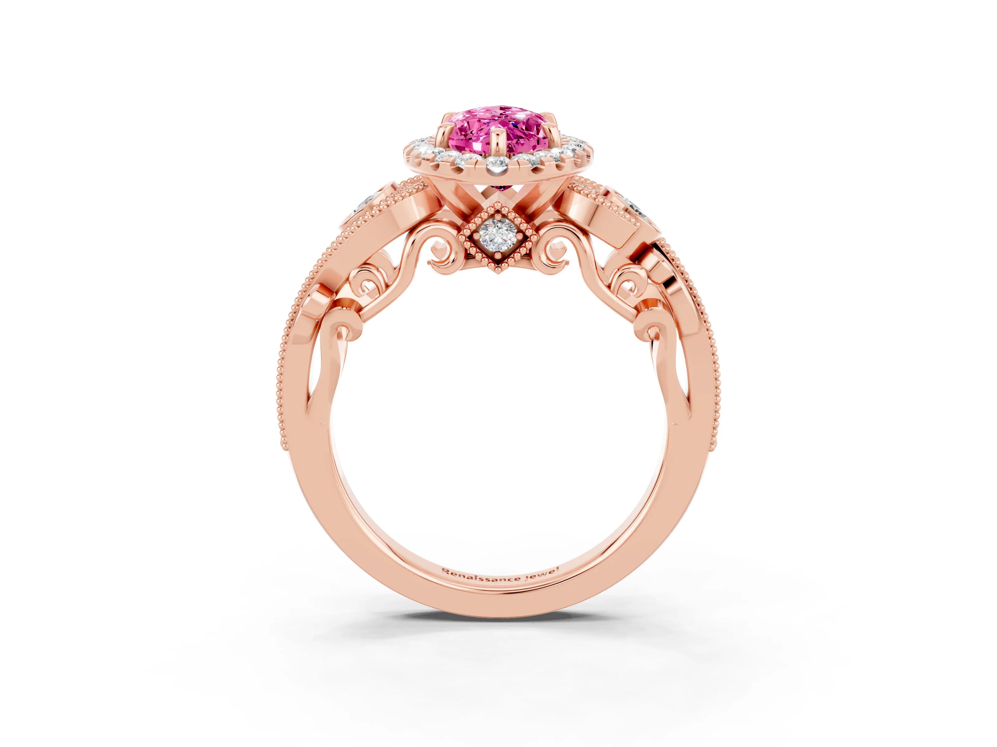 Rose gold Marquise Cut Pink Sapphire Halo Ring with Milgrain Pavé Band and Four-Prong Setting_15