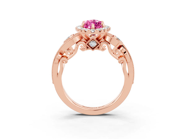 Rose gold Marquise Cut Pink Sapphire Halo Ring with Milgrain Pavé Band and Four-Prong Setting