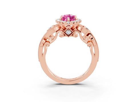 Rose gold Marquise Cut Pink Sapphire Halo Ring with Milgrain Pavé Band and Four-Prong Setting_15
