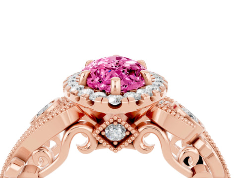 Rose gold Marquise Cut Pink Sapphire Halo Ring with Milgrain Pavé Band and Four-Prong Setting_16