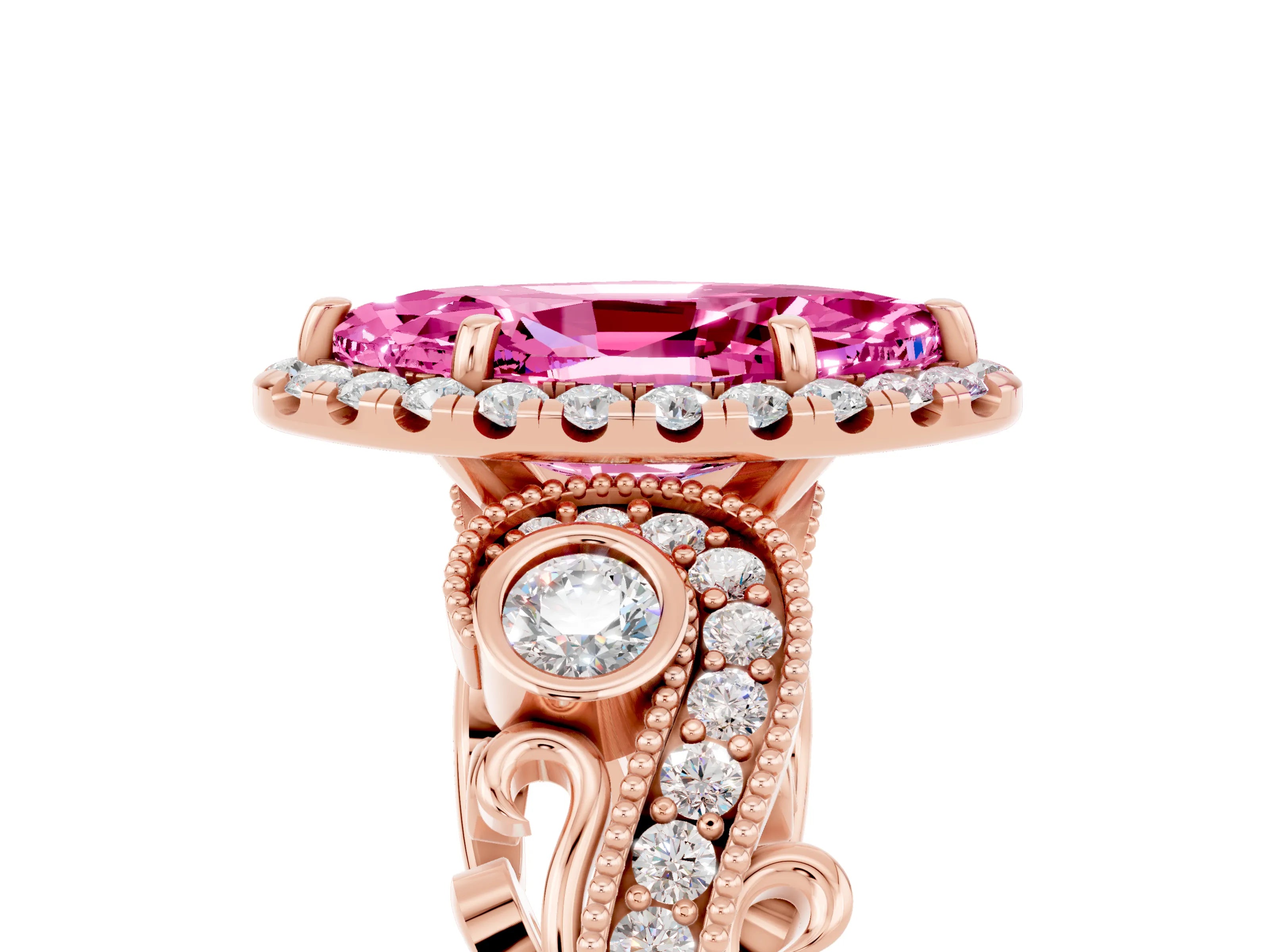 Rose gold Marquise Cut Pink Sapphire Halo Ring with Milgrain Pavé Band and Four-Prong Setting_17