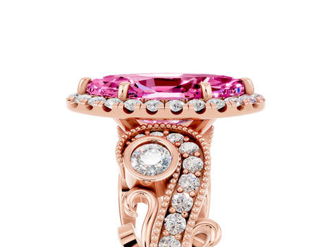 Rose gold Marquise Cut Pink Sapphire Halo Ring with Milgrain Pavé Band and Four-Prong Setting_17