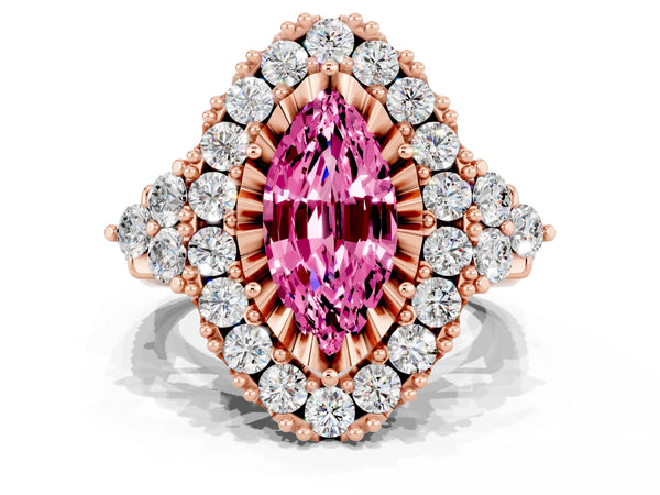 Rose gold Marquise Cut Pink Sapphire Halo Ring with Pavé Band and Four-Prong Setting