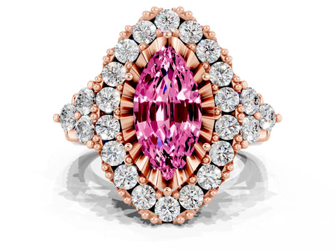 Rose gold Marquise Cut Pink Sapphire Halo Ring with Pavé Band and Four-Prong Setting_12