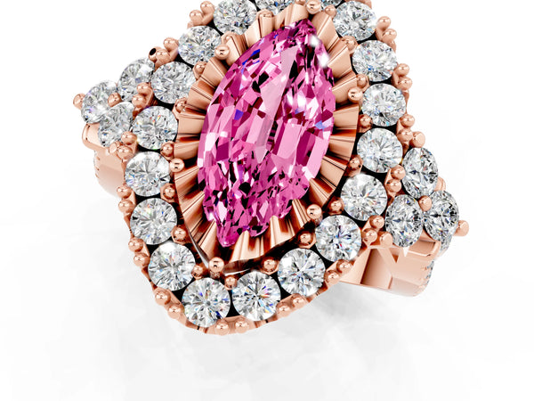 Rose gold Marquise Cut Pink Sapphire Halo Ring with Pavé Band and Four-Prong Setting