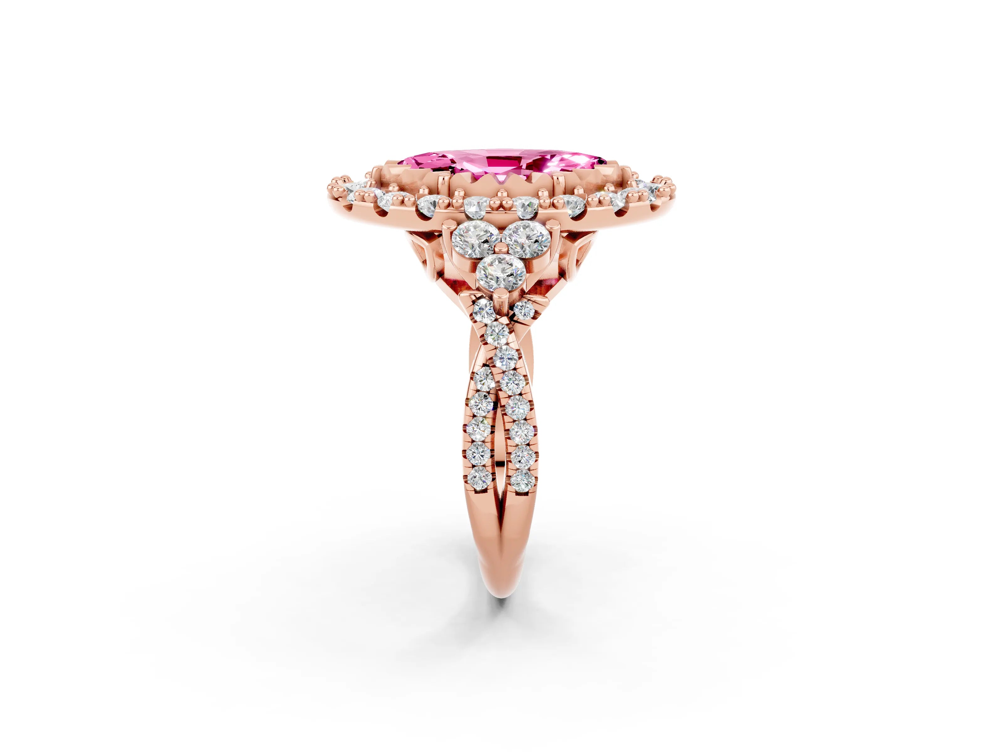Rose gold Marquise Cut Pink Sapphire Halo Ring with Pavé Band and Four-Prong Setting_14