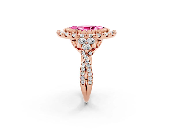 Rose gold Marquise Cut Pink Sapphire Halo Ring with Pavé Band and Four-Prong Setting