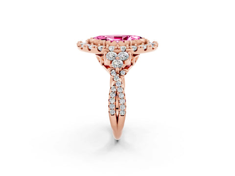 Rose gold Marquise Cut Pink Sapphire Halo Ring with Pavé Band and Four-Prong Setting_14