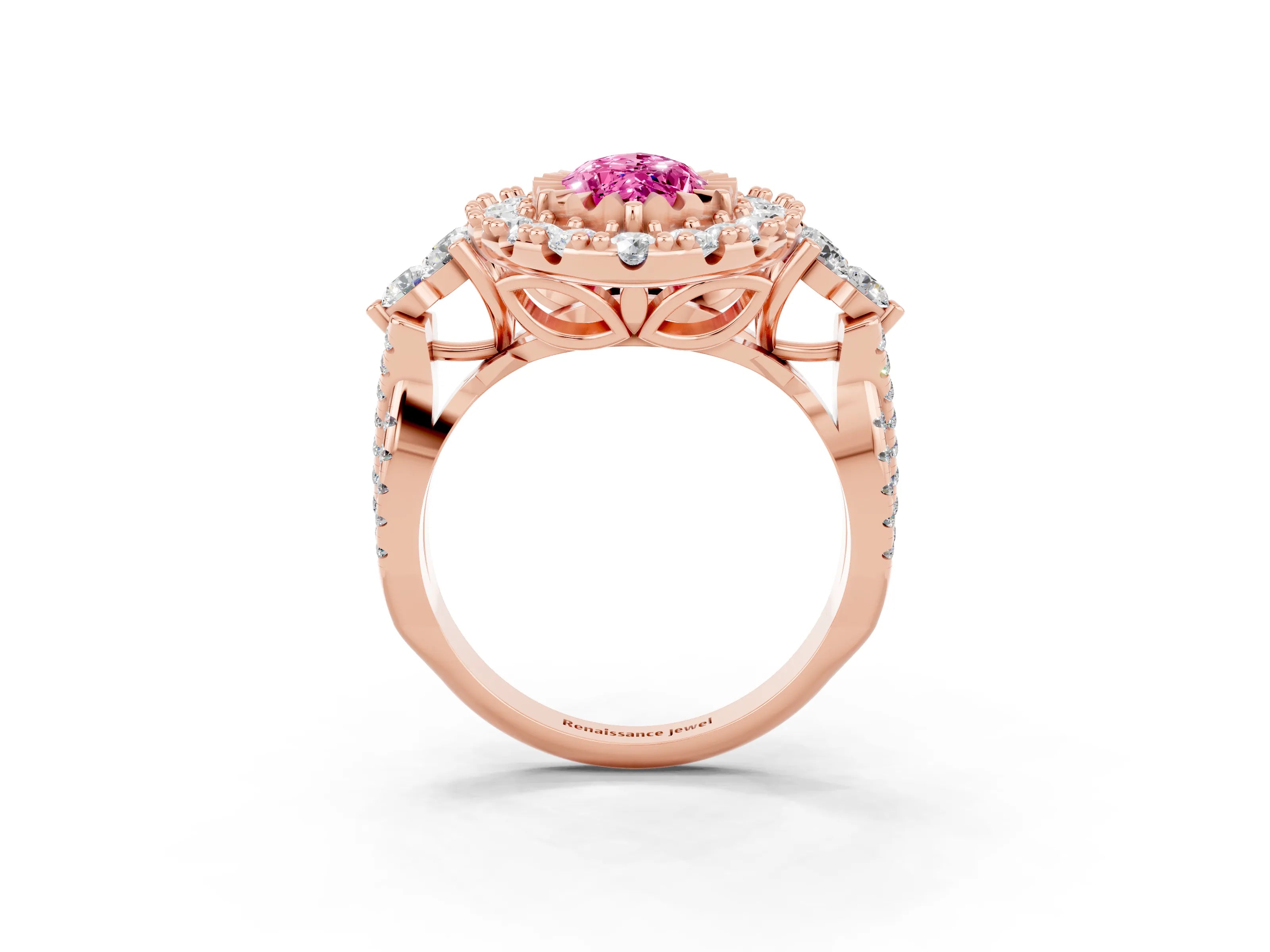Rose gold Marquise Cut Pink Sapphire Halo Ring with Pavé Band and Four-Prong Setting_15