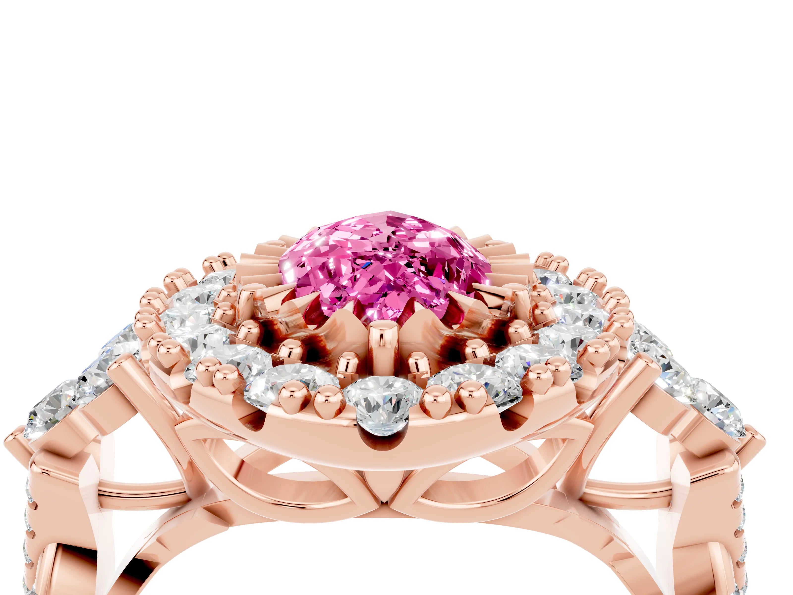 Rose gold Marquise Cut Pink Sapphire Halo Ring with Pavé Band and Four-Prong Setting_16