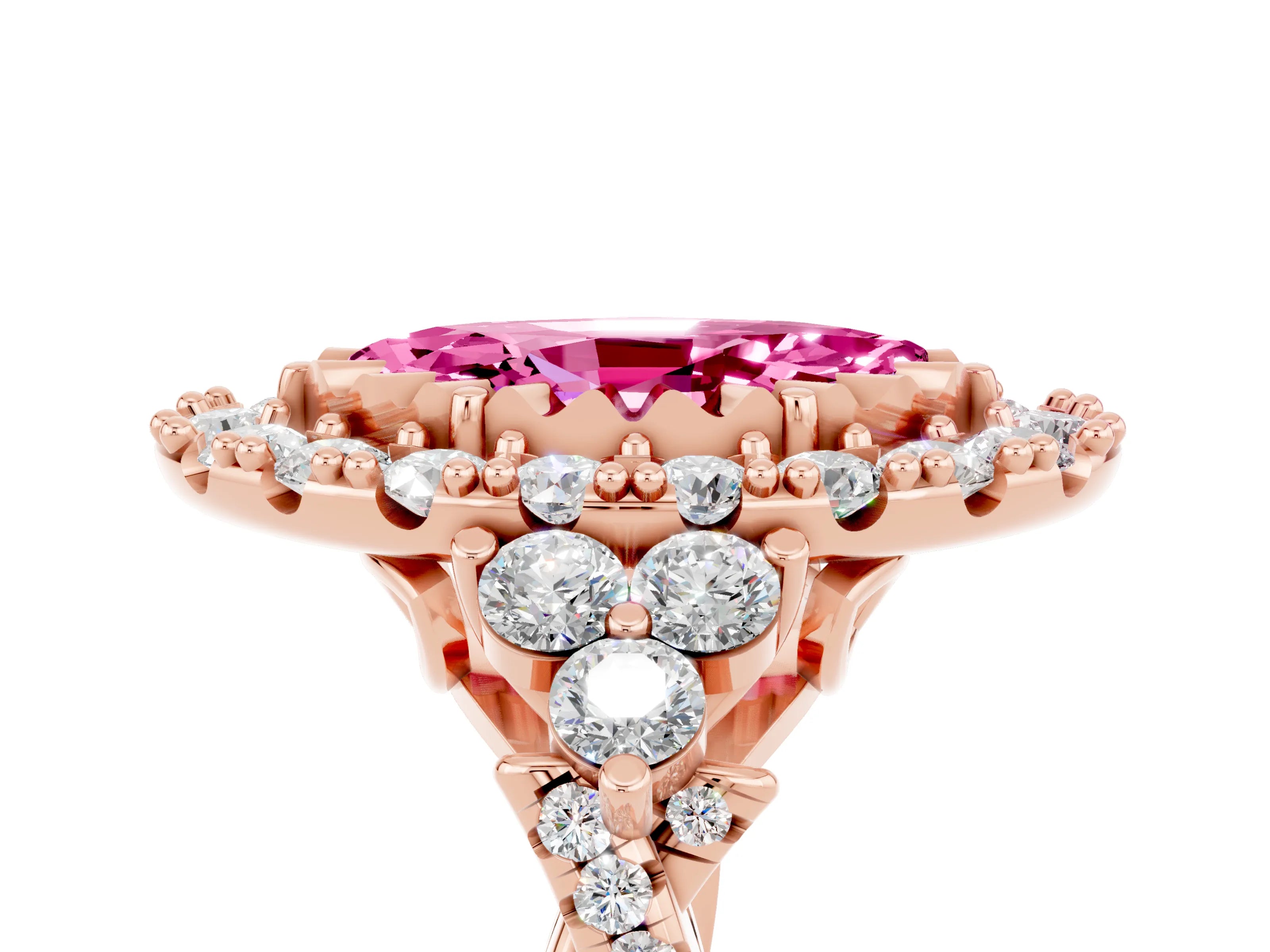Rose gold Marquise Cut Pink Sapphire Halo Ring with Pavé Band and Four-Prong Setting_17