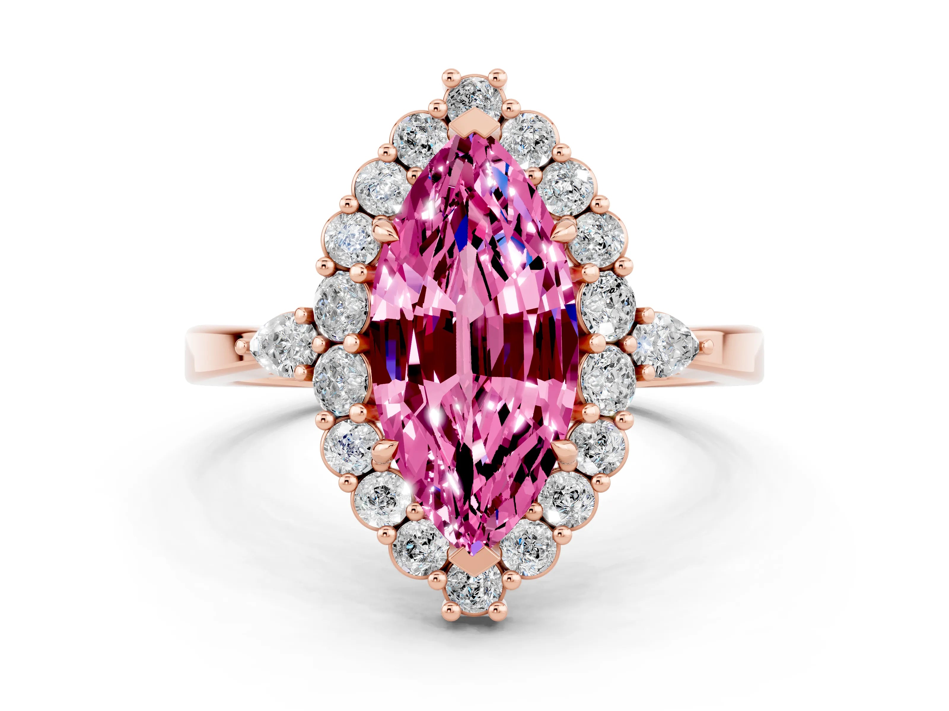 Rose gold Marquise Cut Pink Sapphire Halo Ring with Pear Side Stones and Prong Setting_24