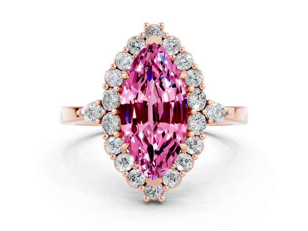 Rose gold Marquise Cut Pink Sapphire Halo Ring with Pear Side Stones and Prong Setting