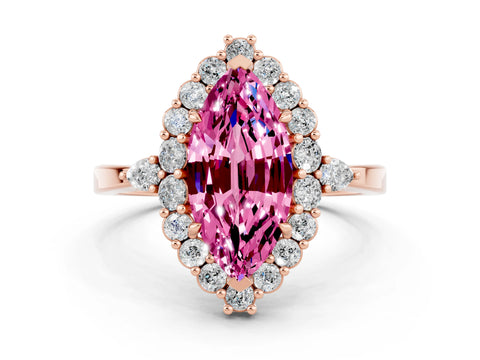 Rose gold Marquise Cut Pink Sapphire Halo Ring with Pear Side Stones and Prong Setting_24