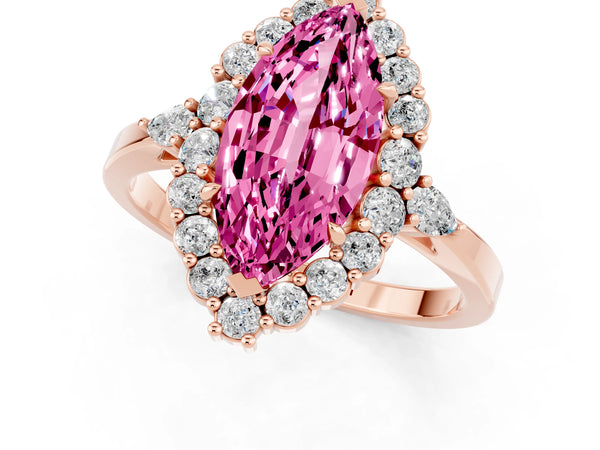 Rose gold Marquise Cut Pink Sapphire Halo Ring with Pear Side Stones and Prong Setting