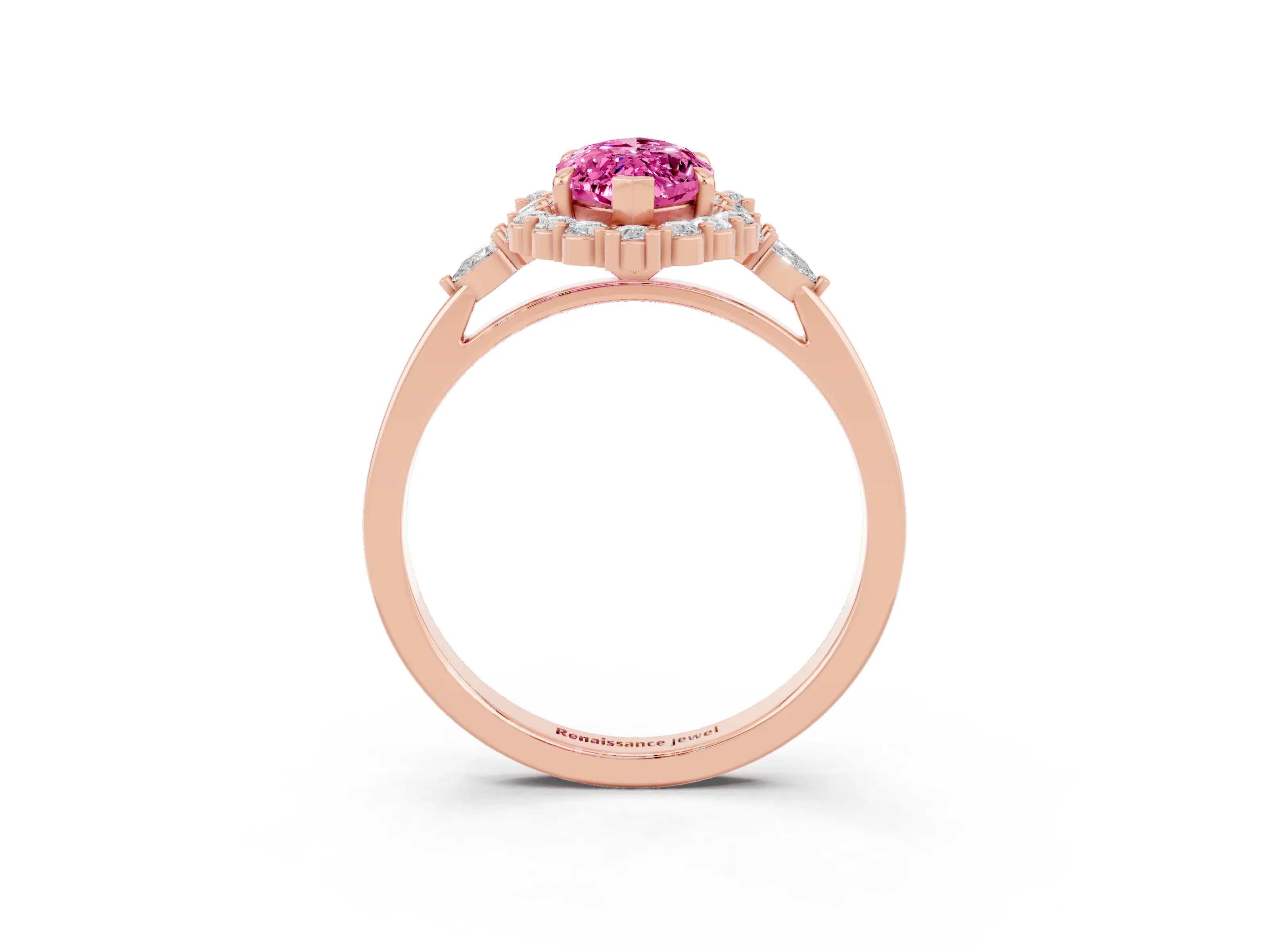 Rose gold Marquise Cut Pink Sapphire Halo Ring with Pear Side Stones and Prong Setting_27