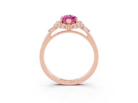 Rose gold Marquise Cut Pink Sapphire Halo Ring with Pear Side Stones and Prong Setting_27